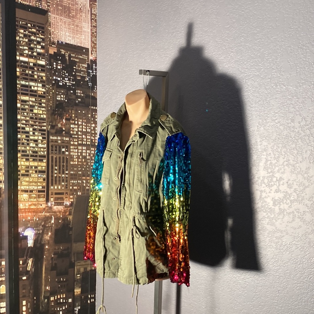 BARNEYS NY - NWT - jacket: olive green w rainbow sequined long sleeves - 42 / 8 - Picture 5 of 16